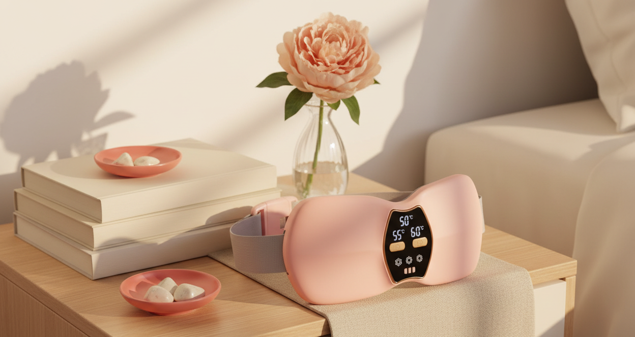 Ceinture chauffante sur table de nuit - ambiance rose saumon