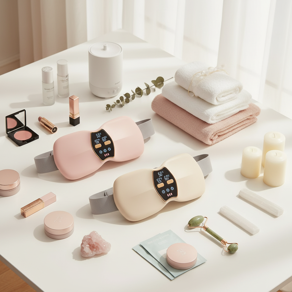 Ceintures chauffantes rose et beige - scène bien-être
